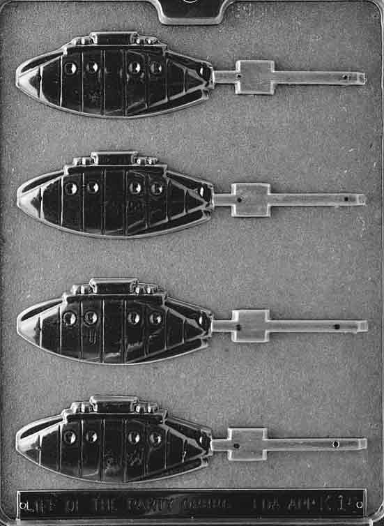 Image of SUBMARINE Lollipop mold with chocolate shaped like a mini sub with raised portholes.