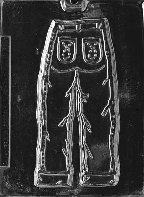 Image of JEANS mold featuring full chocolate jeans with belt loops and stitching details.