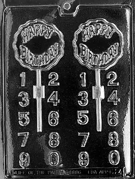 Image of BIRTHDAY Lollipop mold showing round chocolate pop with raised “Birthday” text.