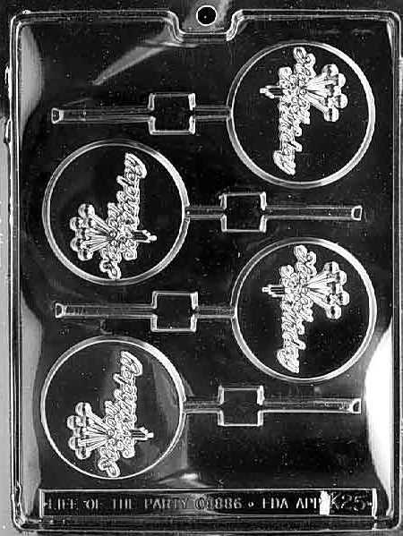 Image of HAPPY B-DAY Lollipop mold with “Happy B-Day” in raised letters on round chocolate.