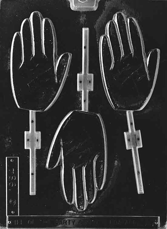 Image of THE HAND Lollipop mold with chocolate pop in full handprint shape.