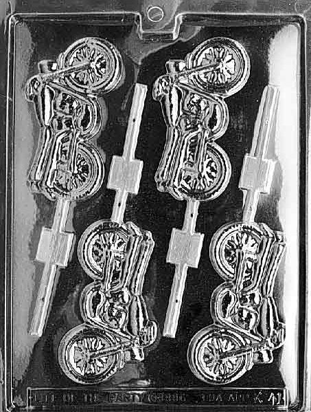 Image of MOTORCYCLE Lollipop mold featuring a chocolate motorbike silhouette with stick base.