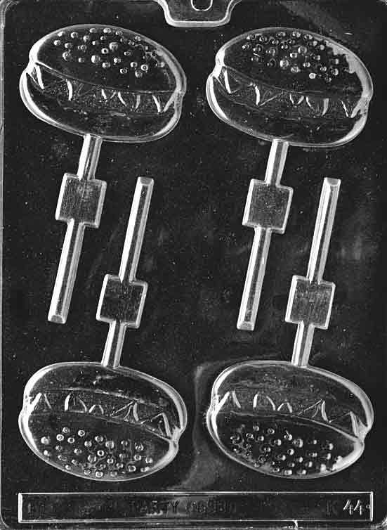 Image of HAMBURGER Lollipop mold with chocolate burger pop showing layers of bun, patty, and garnish.