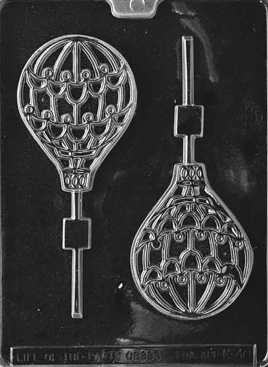 Image of HOT AIR BALLOON Lollipop mold showing chocolate balloon pop with striped detailing and small basket.