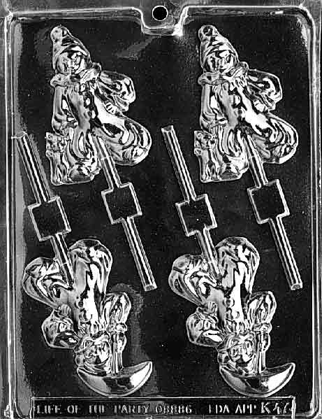 Image of K047 chocolate mold showing tall clown Lollipop shapes with expressive facial features and circus-themed styling.