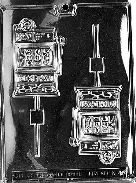 Image of K048 chocolate mold featuring detailed slot machine shape with lever and reel accents for candy making.