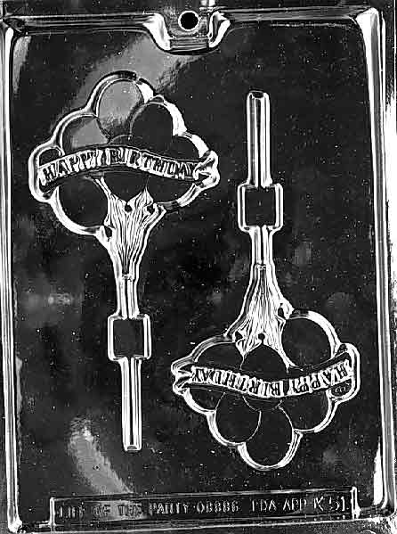Image of K051 chocolate mold with “Happy Birthday” lettering over a cluster of balloon shapes.