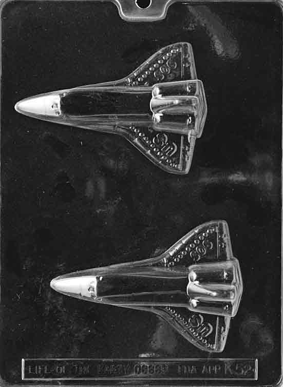 Image of K052 chocolate mold shaped like a detailed space shuttle with wings, fins, and aerodynamic form.