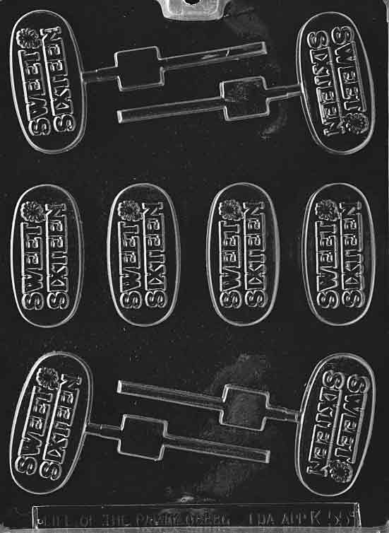 Image of K055 mold with “Sweet 16” message in a rectangular pop shape, ideal for party favors.