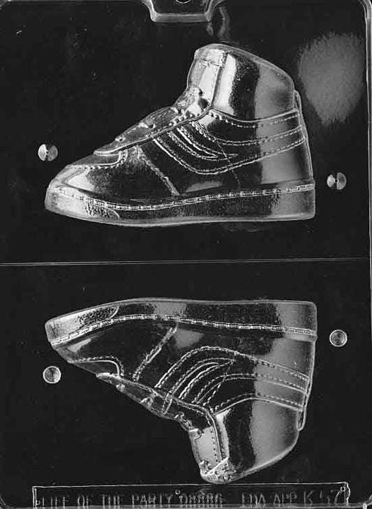 Image of K057 chocolate mold in the shape of a left high top sneaker with realistic shoe detailing.