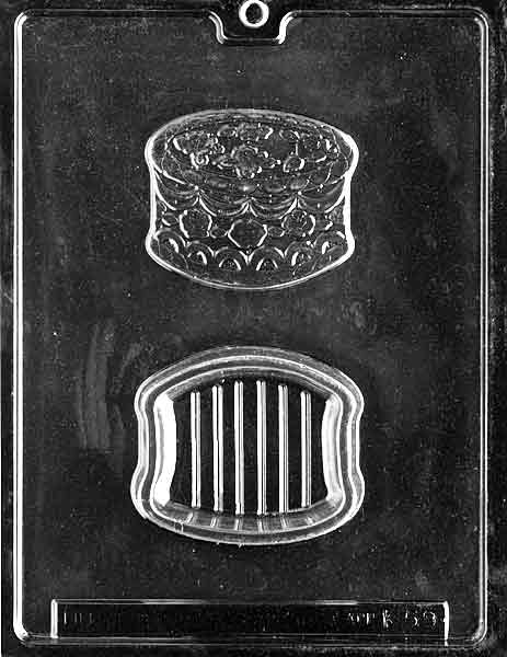 Birthday Cake Pour Box mold K059, round tiered cake-shaped chocolate container with fillable interior; frosted layer details.