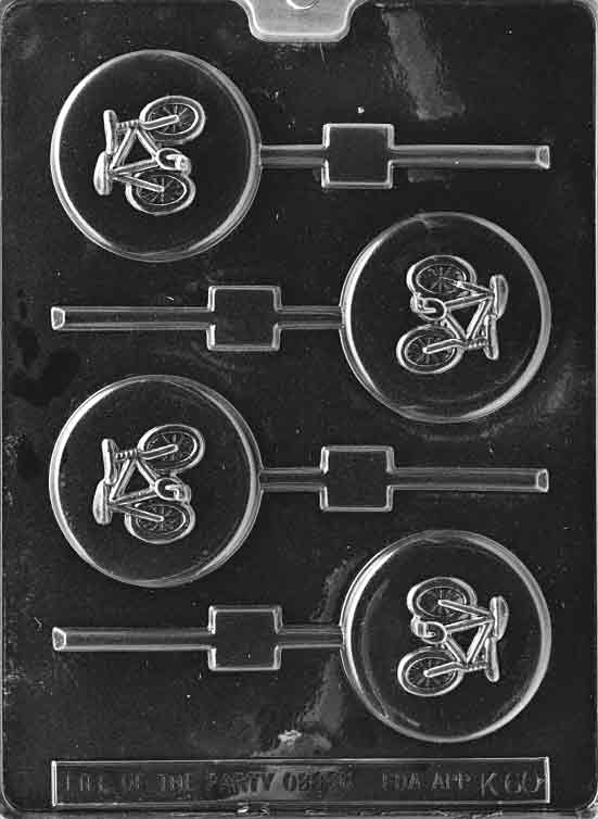 Bicycle Lollipop mold K060, round chocolate lollipop with raised bicycle design; detailed wheels and slim frame.