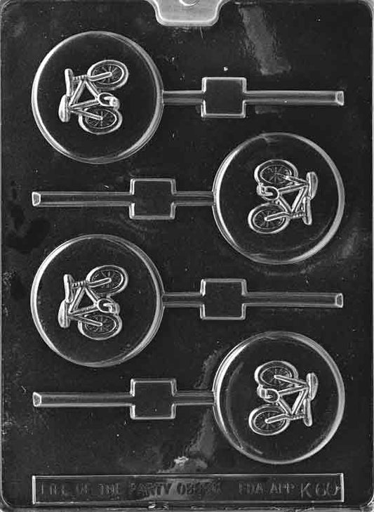 Bicycle Lollipop mold K060, round chocolate lollipop with raised bicycle design; detailed wheels and slim frame.