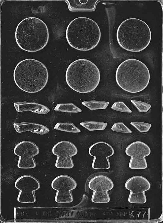 Pepperoni, mushroom, and pepper chocolate mold, small clear mold with miniature topping shapes for candy and pizza decorations.