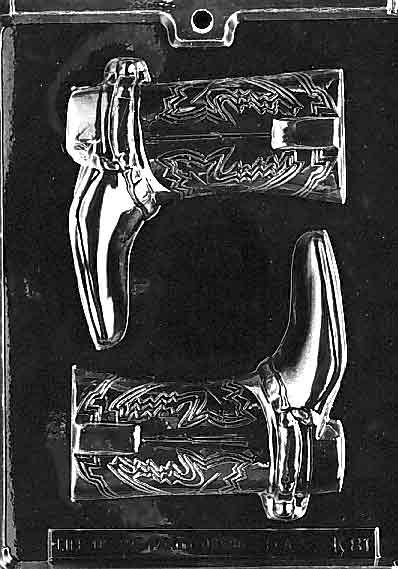 Boots for Specialty Box chocolate mold, clear mold shaped as western boots sized to fit into specialty candy boxes.