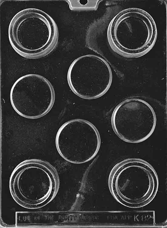 Small Round Pour Box chocolate mold, clear mold forming circular candy box shapes with hollow interior for filling.