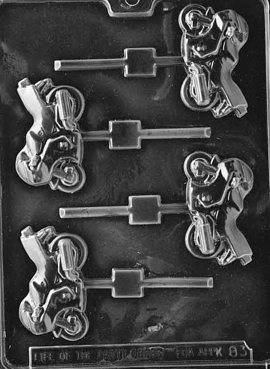 Sportsbike Lollipop chocolate mold, clear mold with motorcycle pop shape for racing-themed candy creations.