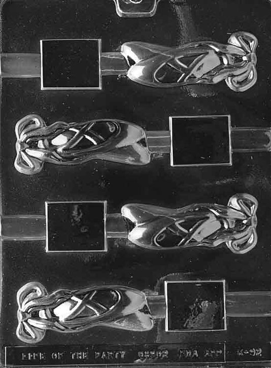 Ballet Slippers Pretzel chocolate mold, clear mold forming slipper shapes for pretzel treats.
