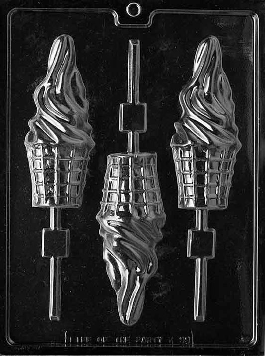 Ice Cream Cone Lollipop chocolate mold, clear mold shaped like an ice cream cone pop for candy making.