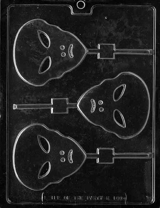 Alien Lollipop chocolate mold, clear mold with alien head design for candy pops.