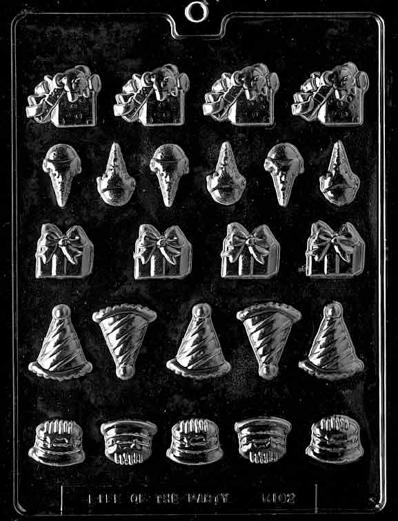 Birthday Deco's chocolate mold, clear mold with assorted small shapes like hats and candles for birthday candy accents.