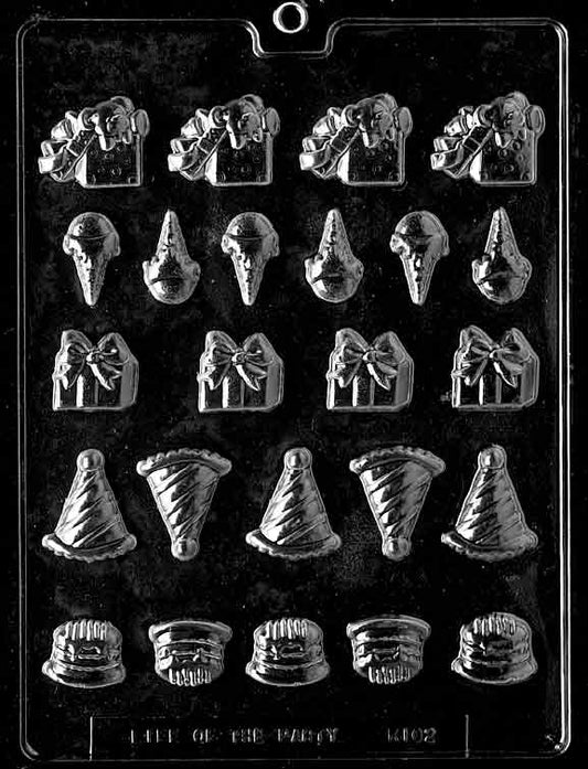 Birthday Deco's chocolate mold, clear mold with assorted small shapes like hats and candles for birthday candy accents.