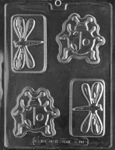 Ladybug and Dragonfly Bar chocolate mold, clear mold with insect-themed candy bar designs.