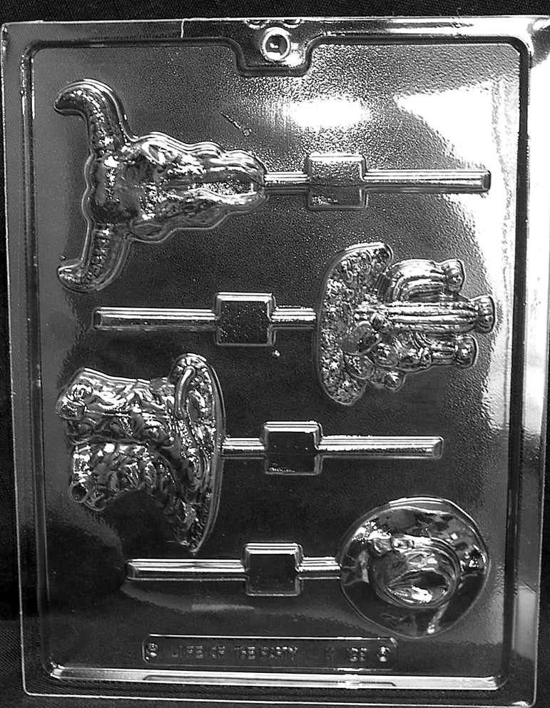 Western Theme Pops chocolate mold, clear mold with cowboy-inspired shapes for candy pops.