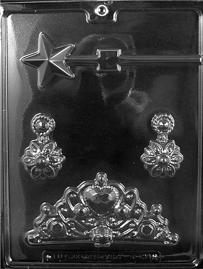 Princess Kit chocolate mold, clear mold with crown, earrings, and wand shapes for candy boxes.