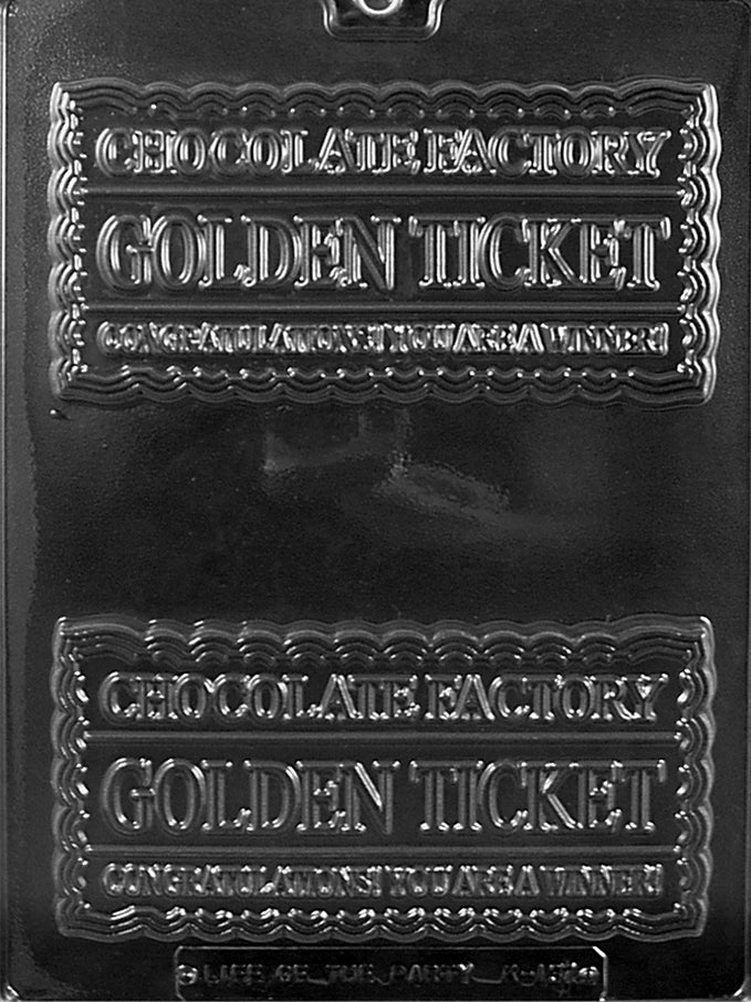 Golden Ticket chocolate mold, clear mold shaped like rectangular ticket for candy making.