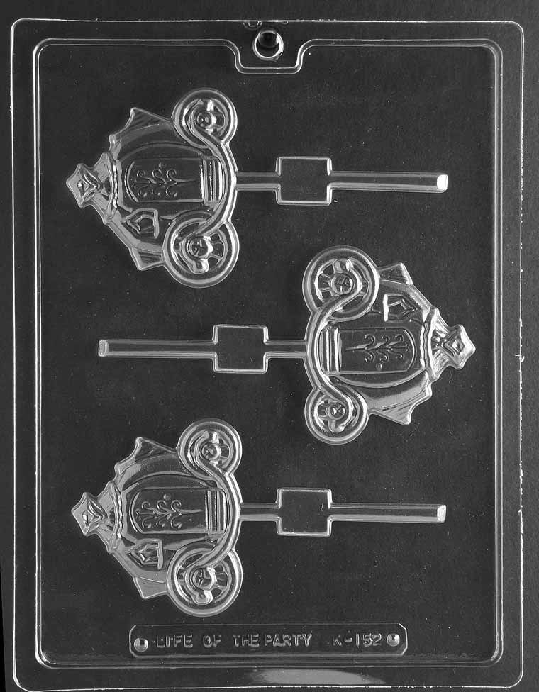 Pumpkin Coach Lollipop chocolate mold, clear mold showing a rounded pumpkin carriage with wheels and window details for candy pops.