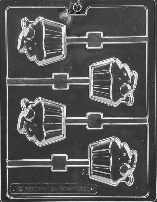Cupcake with Cherry Lollipop chocolate mold, clear mold shaped like cupcake pops topped with cherries.