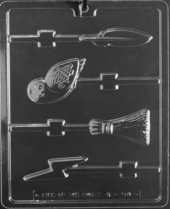 Wizard Lollipop chocolate mold, clear mold with owl, feather, broom, and bolt designs for candy.
