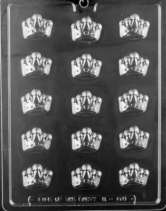 Crown Accents chocolate mold, clear mold forming tiny crown shapes for chocolates.