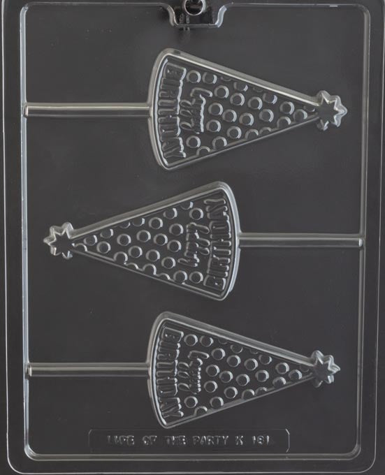 Happy Birthday Hat Lollipop chocolate mold, clear mold shaped like party hat pops for candy.