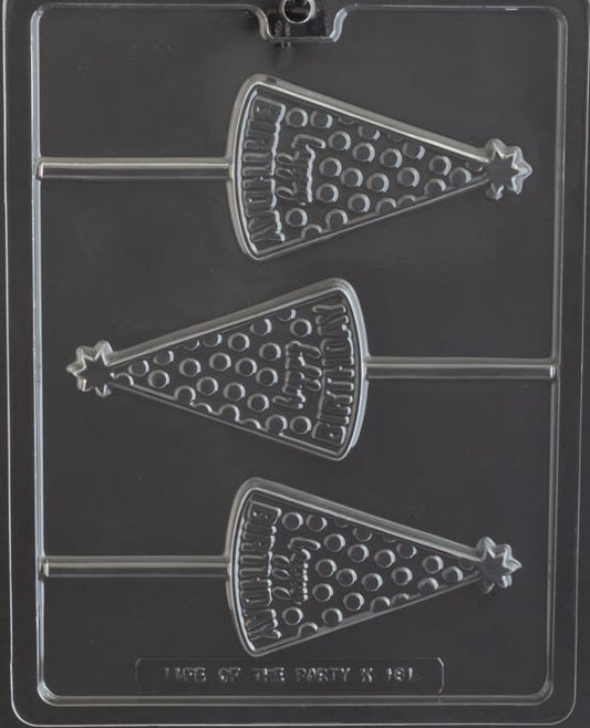 Happy Birthday Hat Lollipop chocolate mold, clear mold shaped like party hat pops for candy.