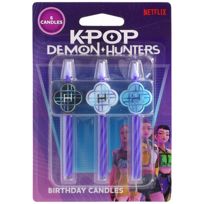 KPop Demon Hunters HUNTR/X birthday candle package with six purple spiral candles featuring black, white, and blue HUNTR/X logos on purple Netflix-themed packaging.