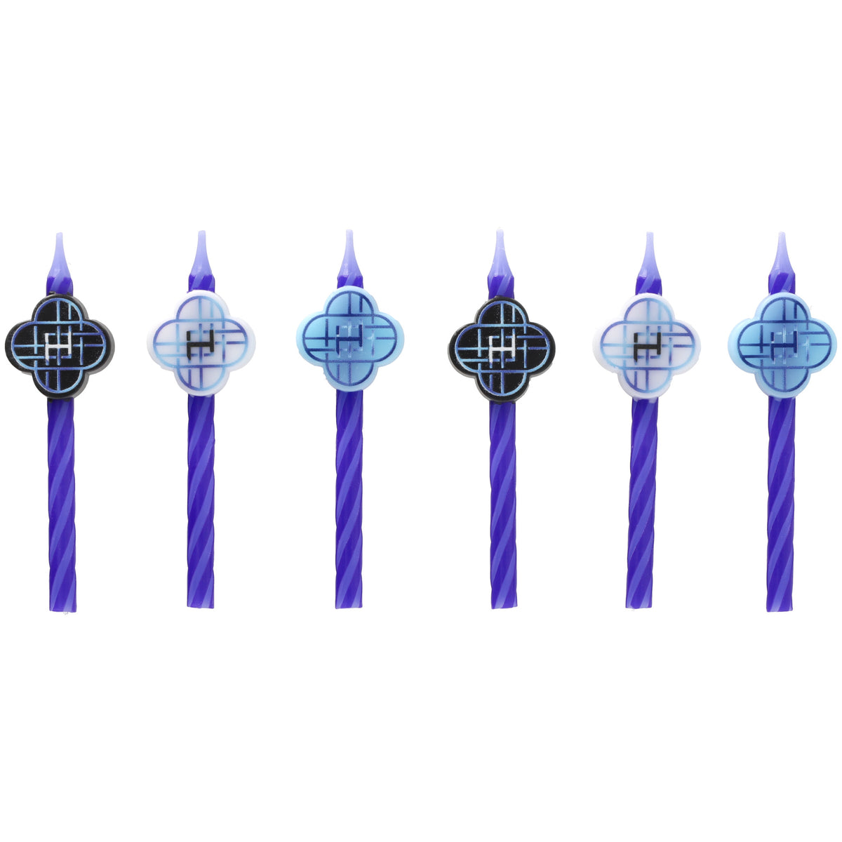 Six KPop Demon Hunters HUNTR/X purple spiral birthday candles arranged in a row, each topped with a black, white, or blue HUNTR/X group logo.