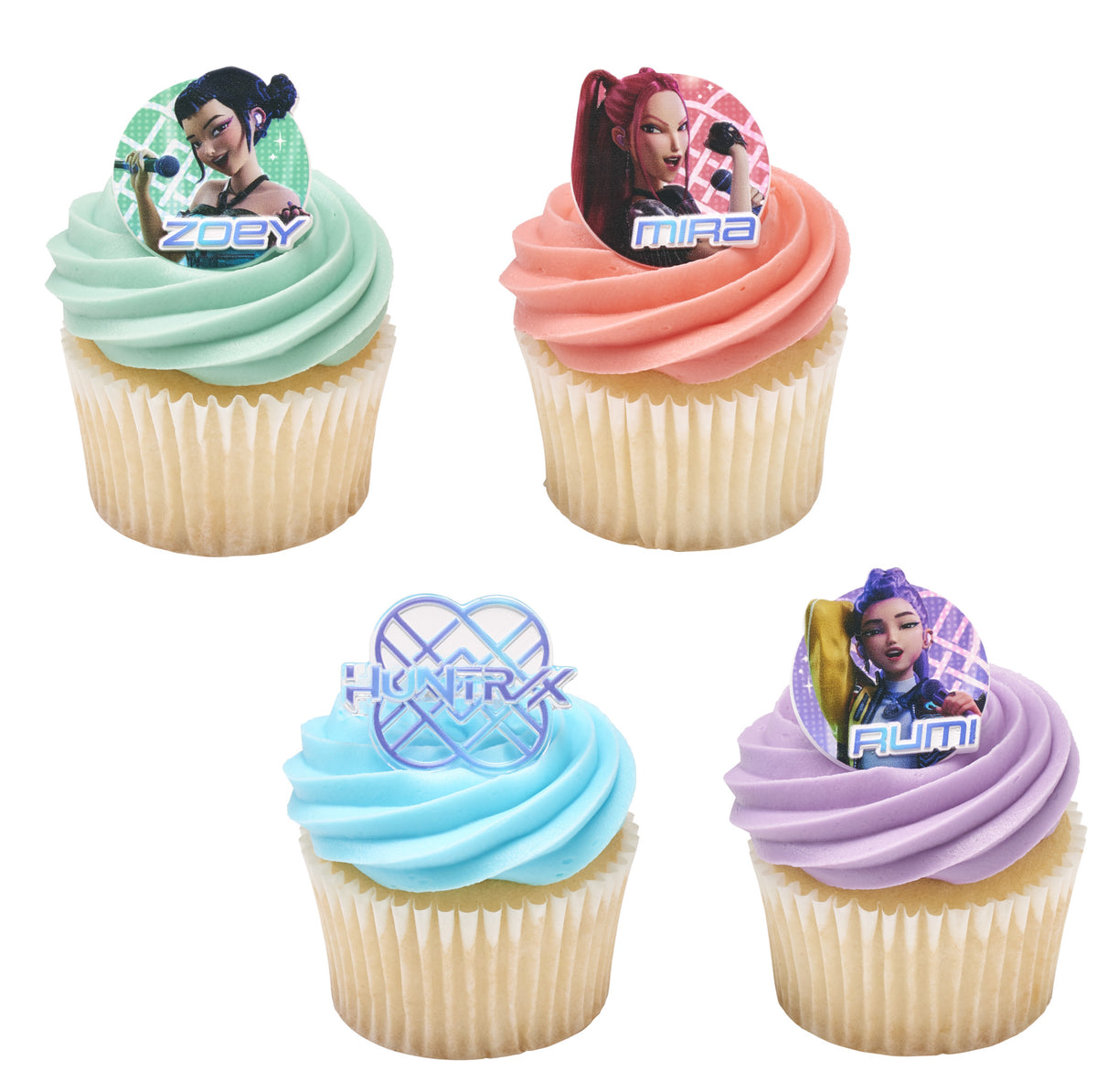 KPop Demon Hunters HUNTR/X cupcake rings displayed on four vanilla cupcakes with mint, coral, blue, and lavender frosting, featuring Zoey, Mira, Rumi, and the HUNTR/X logo.