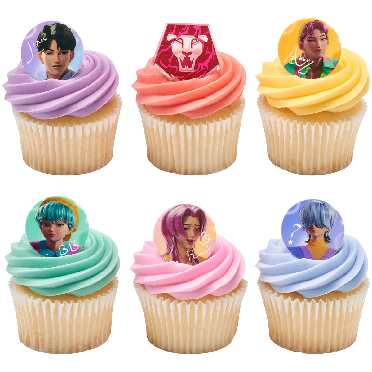 Six KPop Demon Hunters Saja Boys cupcake rings displayed on vanilla cupcakes with swirled purple, coral, yellow, mint, pink, and lavender frosting, featuring five colorful character portraits and one pink symbol design.