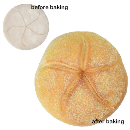 Side-by-side comparison of stamped dough before baking and a golden baked roll after baking, both showing a five-armed kaiser swirl pattern.