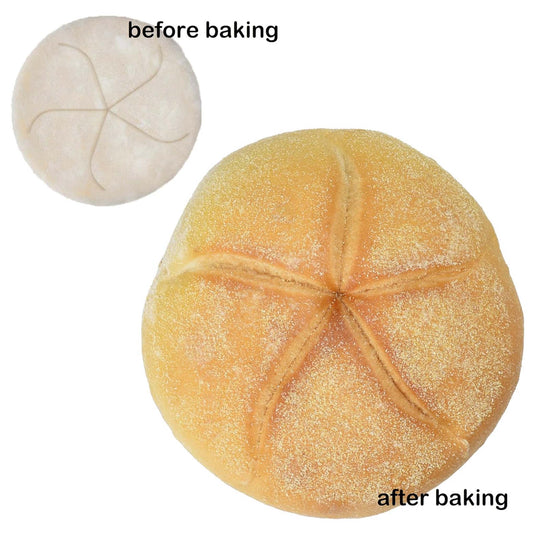 Side-by-side comparison of stamped dough before baking and a golden baked roll after baking, both showing a five-armed kaiser swirl pattern.