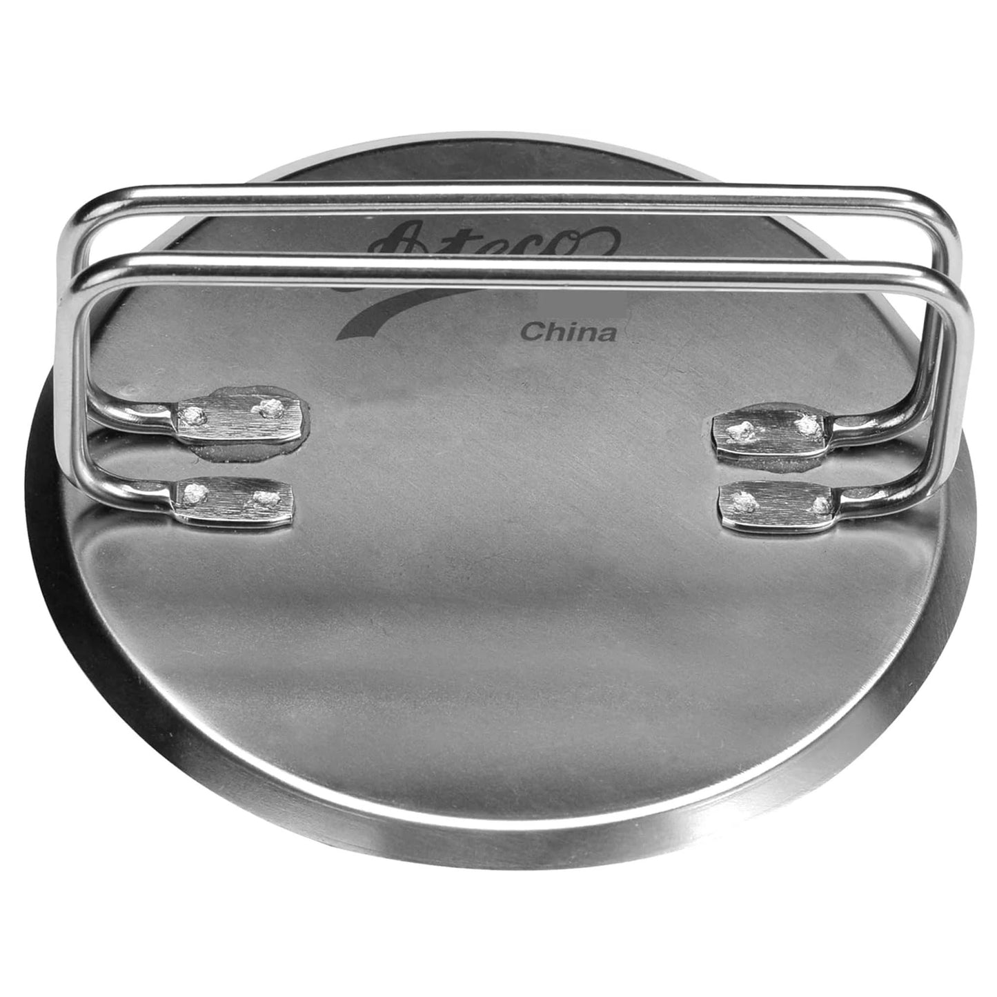 Underside view of the stainless steel bread stamp with a rectangular metal handle attached to a flat round base, on a white background.