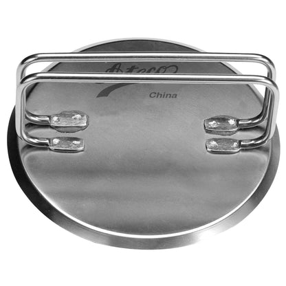 Underside view of the stainless steel bread stamp with a rectangular metal handle attached to a flat round base, on a white background.