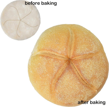 Before and after bread samples of Ateco stainless steel kaiser bread stamp designed for embossing rolls and boules before baking, featuring a sturdy handle and durable construction for professional-quality results.