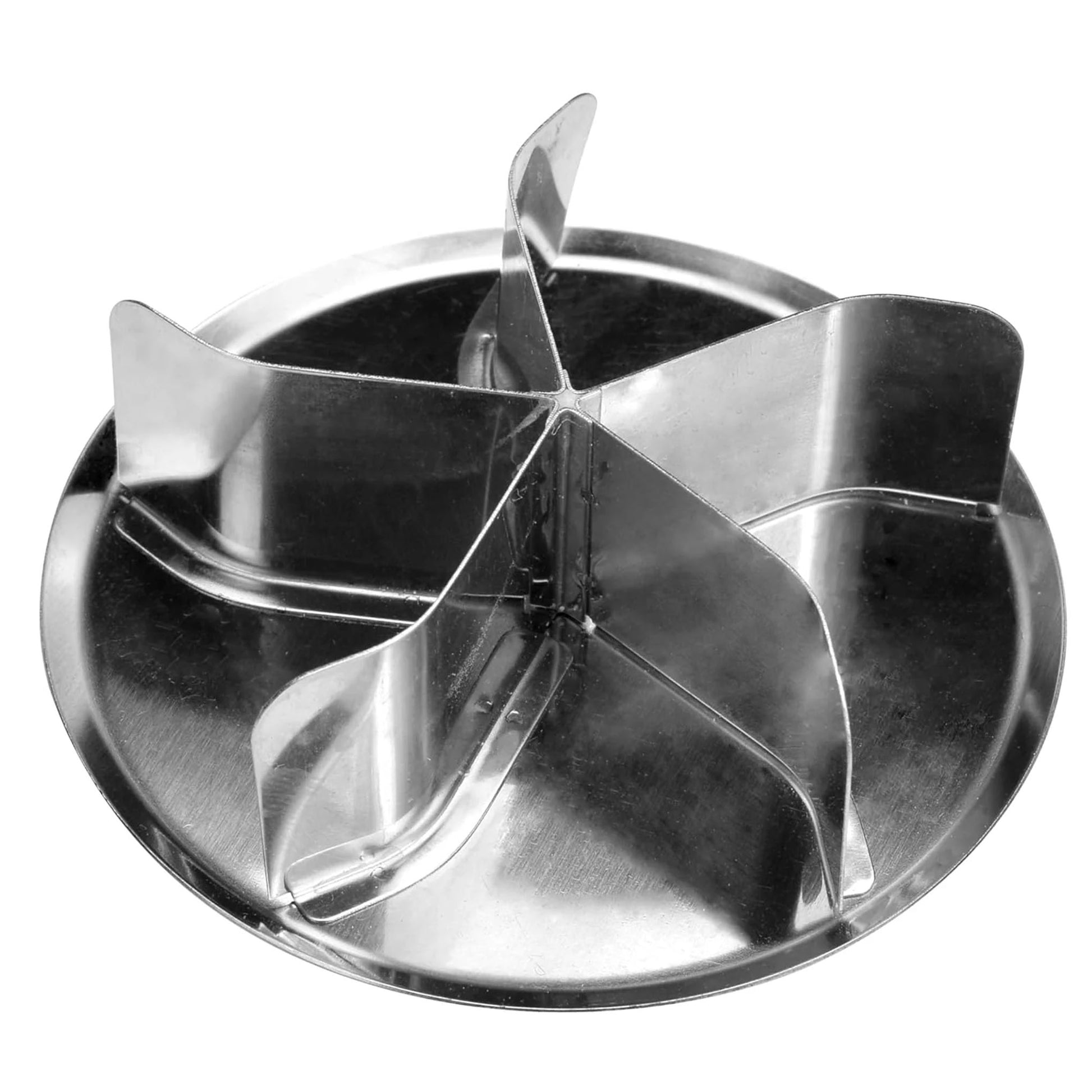 Stainless steel kaiser bread stamp with a round base and five curved dividing fins forming a star pattern, shown on a white background.