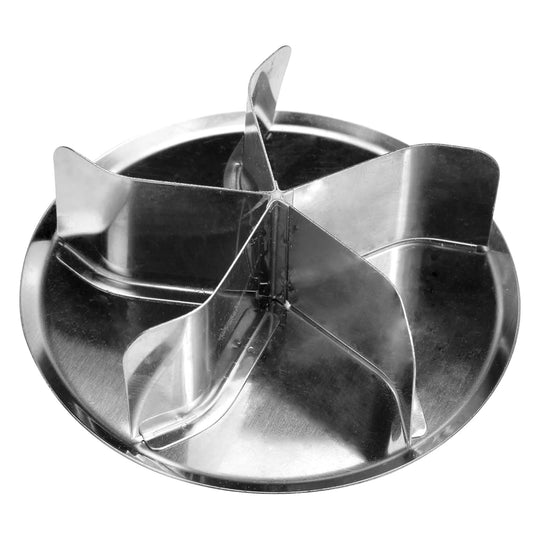 Stainless steel kaiser bread stamp with a round base and five curved dividing fins forming a star pattern, shown on a white background.