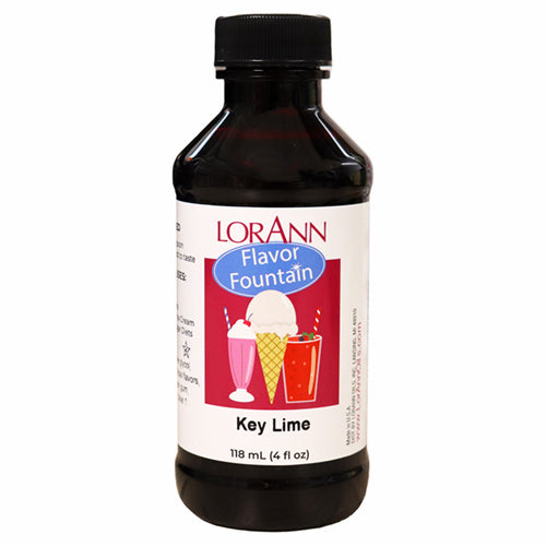 LorAnn Key Lime Flavor Fountain bottle with illustrated label showing ice cream and shakes, used to flavor frozen desserts and citrus beverages