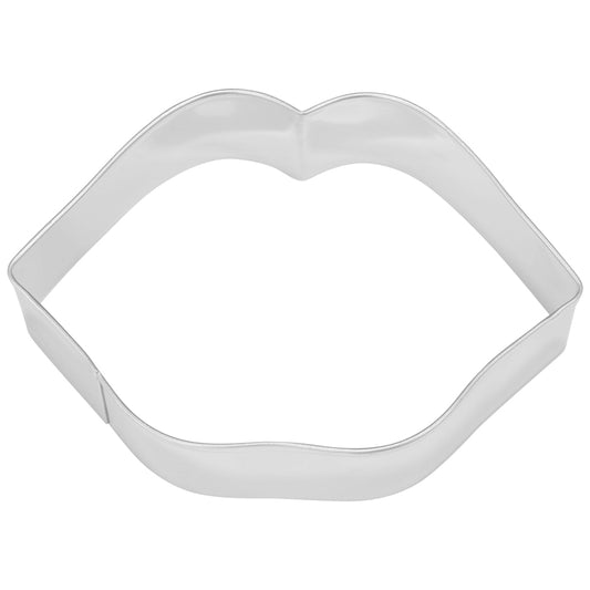 Silver metal kissing lips cookie cutter on a white background, shaped like full lips with a curved top and pointed corners.