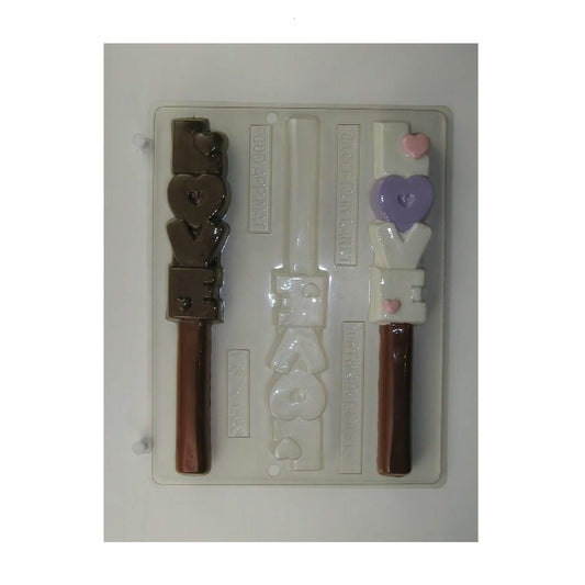 A chocolate mold for pretzel rods featuring the letters 'L-O-V-E' with a small heart detail, displayed with examples of finished chocolate-covered pretzels in various colors, illustrating the decorative lettering.